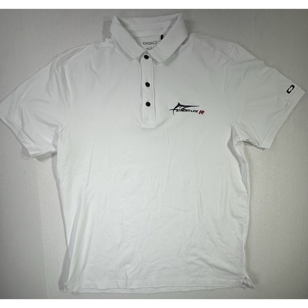 Ogio Streamline R White Golf Polo Shirt Men's‎ Size L Marlin Logo Performance